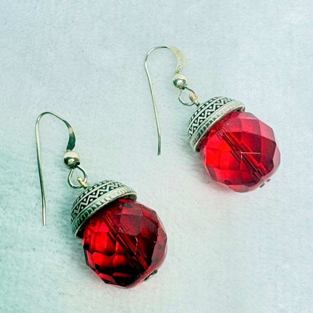Red Faceted Glass Drop Earrings Silver Tone Caps Artisan Assembled Pierced